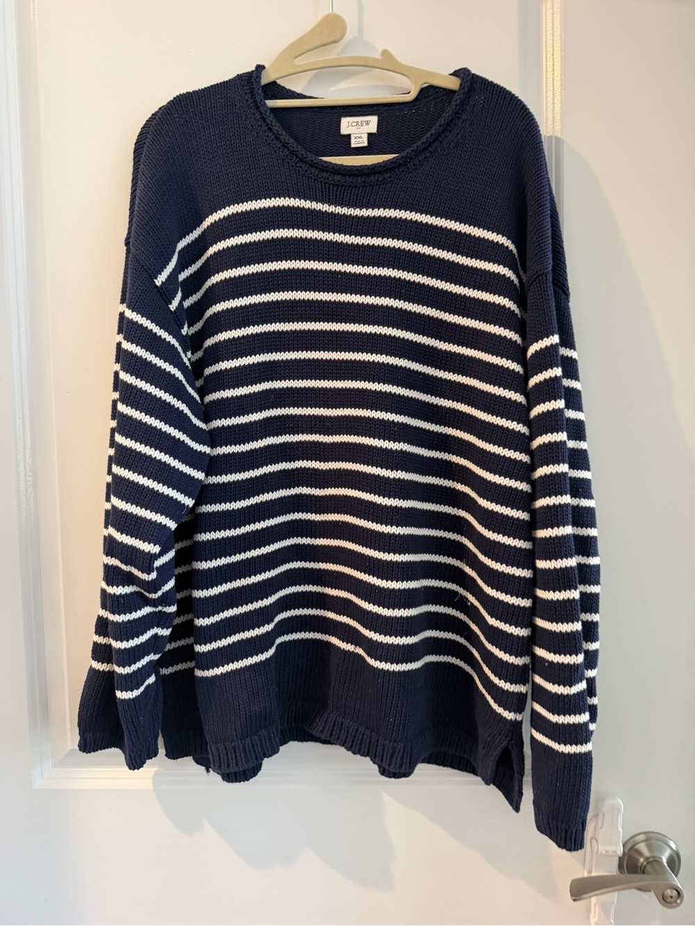 J. Crew Navy and White Striped Cotton Crewneck Sweater - Picture 2 of 3